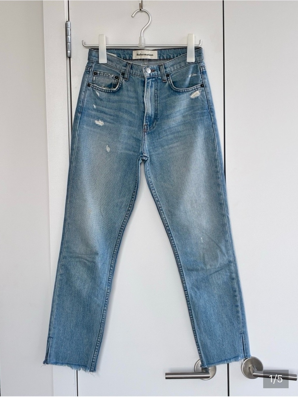 Reformation Light Blue Distressed Straight-Leg Jeans